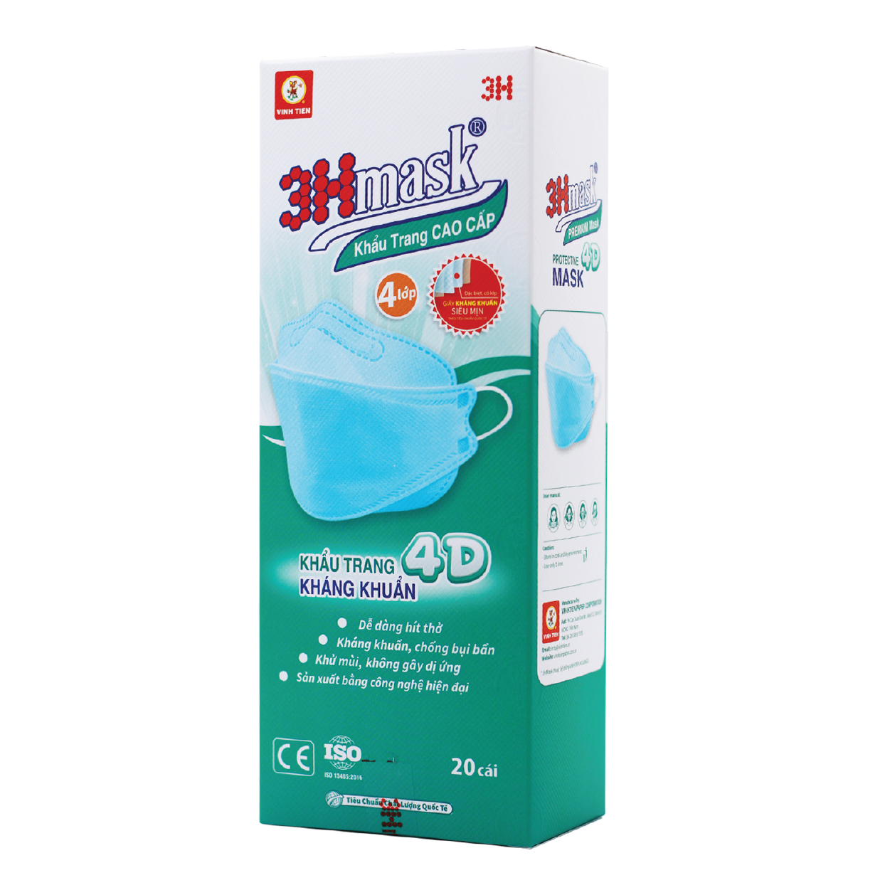 Khẩu Trang 3Hmask 4D Quai Tròn Xanh (20 cái) - Kháng Khuẩn Cao Cấp ôm khít mặt, không lem son