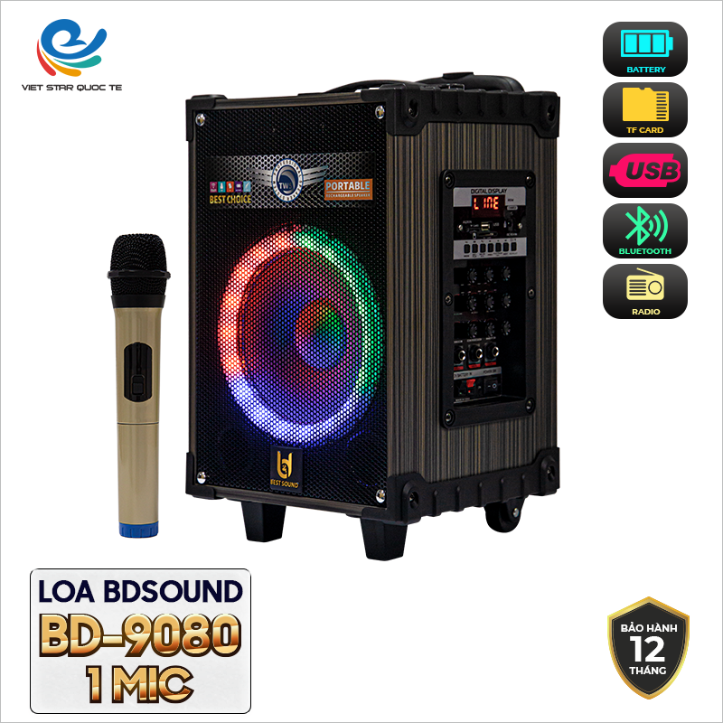 Loa Kéo Gỗ Bluetooth Mini Di Động B&amp;D BEST SOUND BD-9080, Bass 25cm, Công Suất 40W Kèm 1 Micro Không Dây - Hàng Chính Hãng