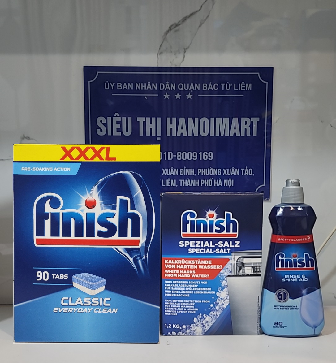 combo viên rửa bát finish 110 viên+nước làm bóng finish 800ml+muối rửa bát finish 1,5kg dùng cho máy rửa bát