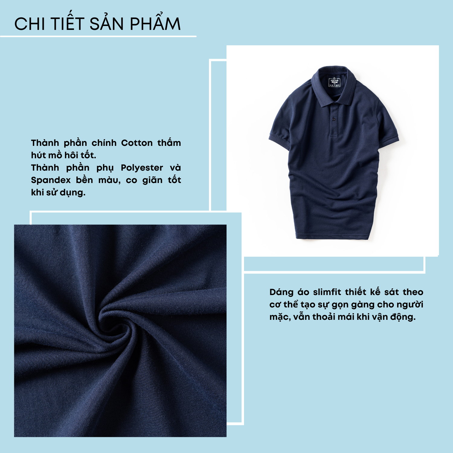 Áo thun có cổ nam màu xanh đen phối viền chìm ADINO vải cotton polyester mềm dáng slimfit công sở trẻ trung AP86