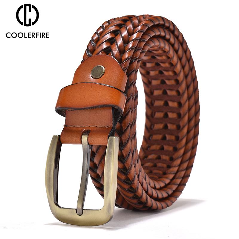 Nam Da Thật Chính Hãng Da Bện Dây Webbing Chất Lượng Cao Tay Vintage Thắt Lưng Nam Vàng Khóa Gài Cổ Cho Quần Jean Dây Đeo HQ212