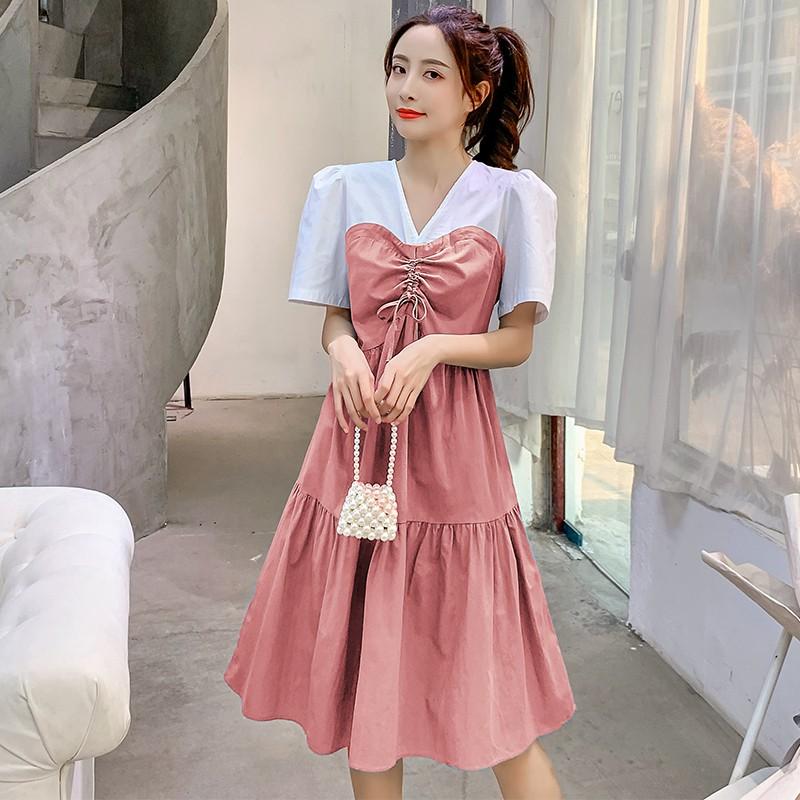 Váy bầu suông tay trắng có dây rút ngực - chất vải đũi Thái cao cấp màu Hồng / Đen - DB01