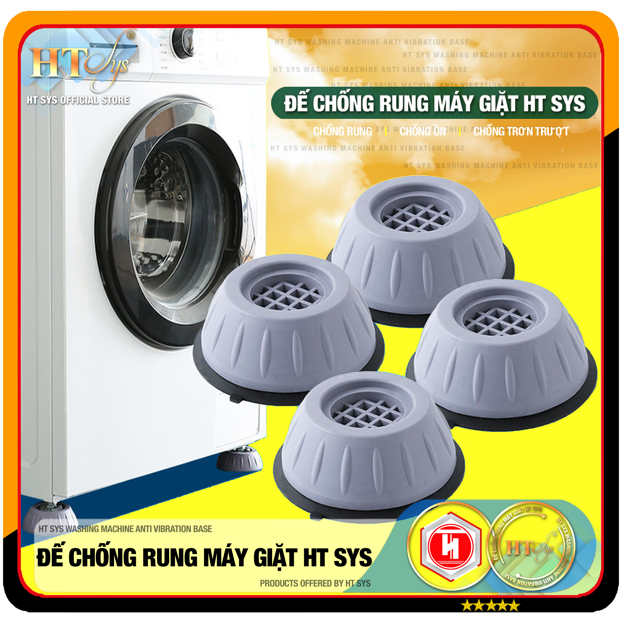 Combo 04 đế cao su chống rung máy giặt - HT SYS - Đế chống rung máy giặt - Đế chống ồn máy giặt, máy sấy,tủ lạnh, bàn ghế +01 Sét 3 móc dính dán tường vàng tài lộc HT SYS