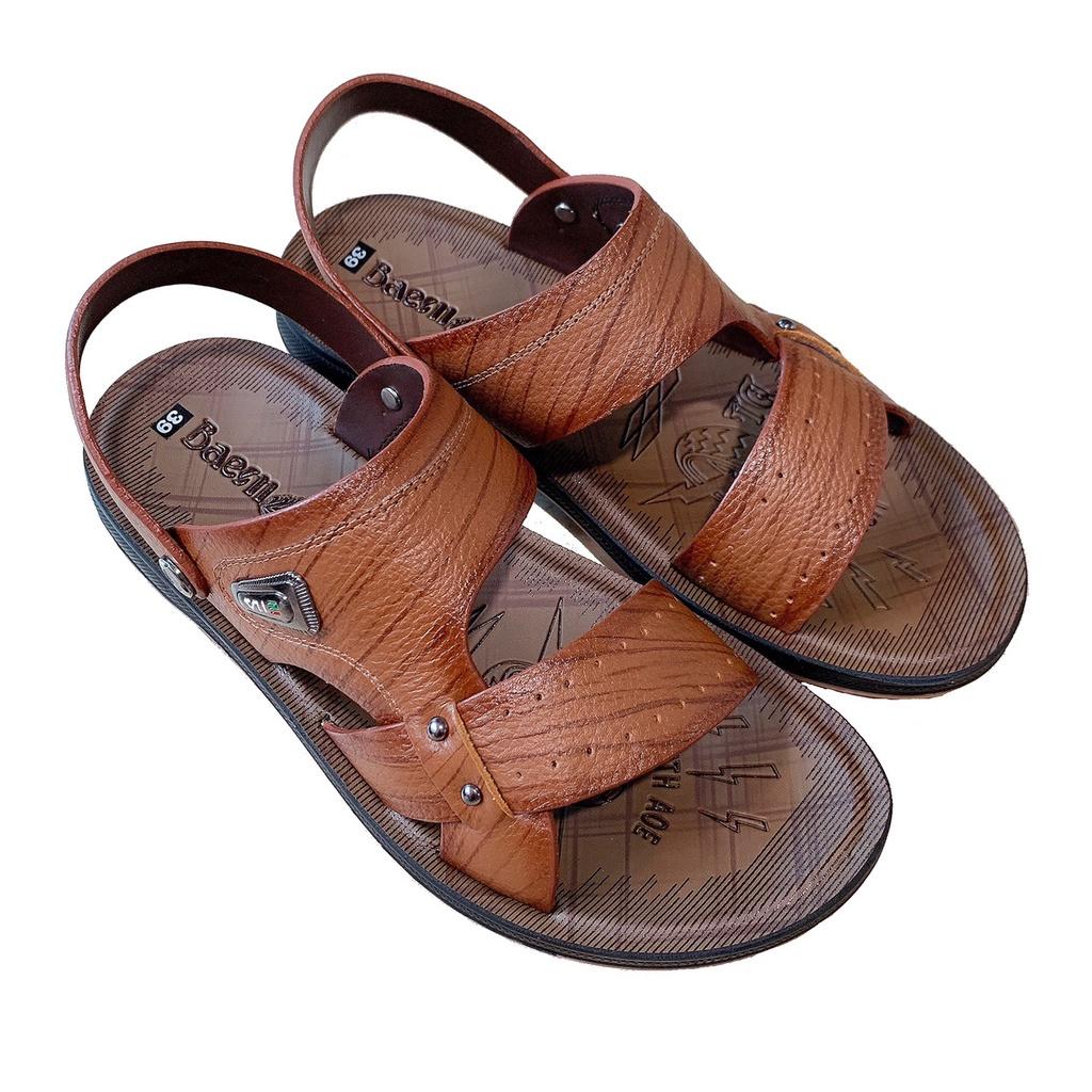 Dép da nam đen đế kếp dép tăng chiều cao 4cm Xăng đan Sandal nam da bò xịn quai ngang quai hậu cao cấp