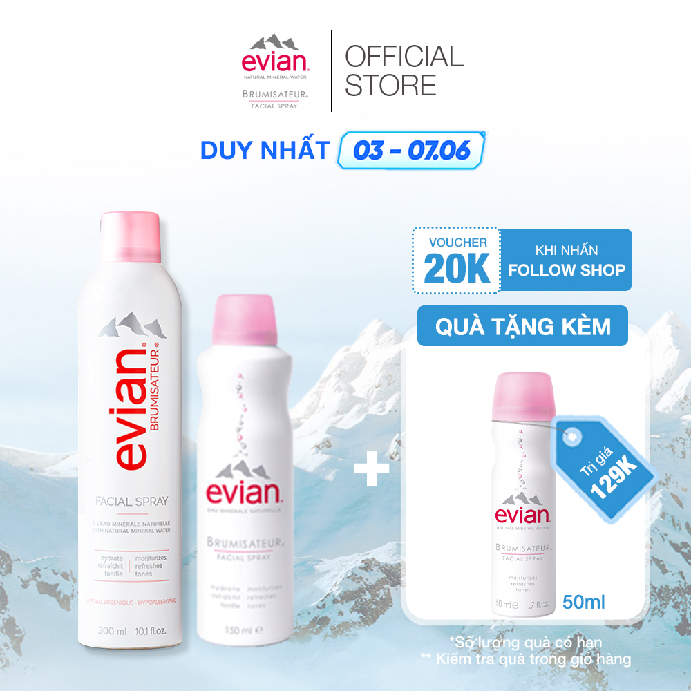 Combo 2 xịt khoáng cấp ẩm và làm dịu da Evian 300ml + 150ml