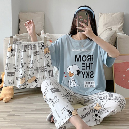 Bộ đồ bận nhà hoạt hình thun cotton mát siêu đáng yêu gồm 1 áo 1 quần ngắn 1 quần dài BK10