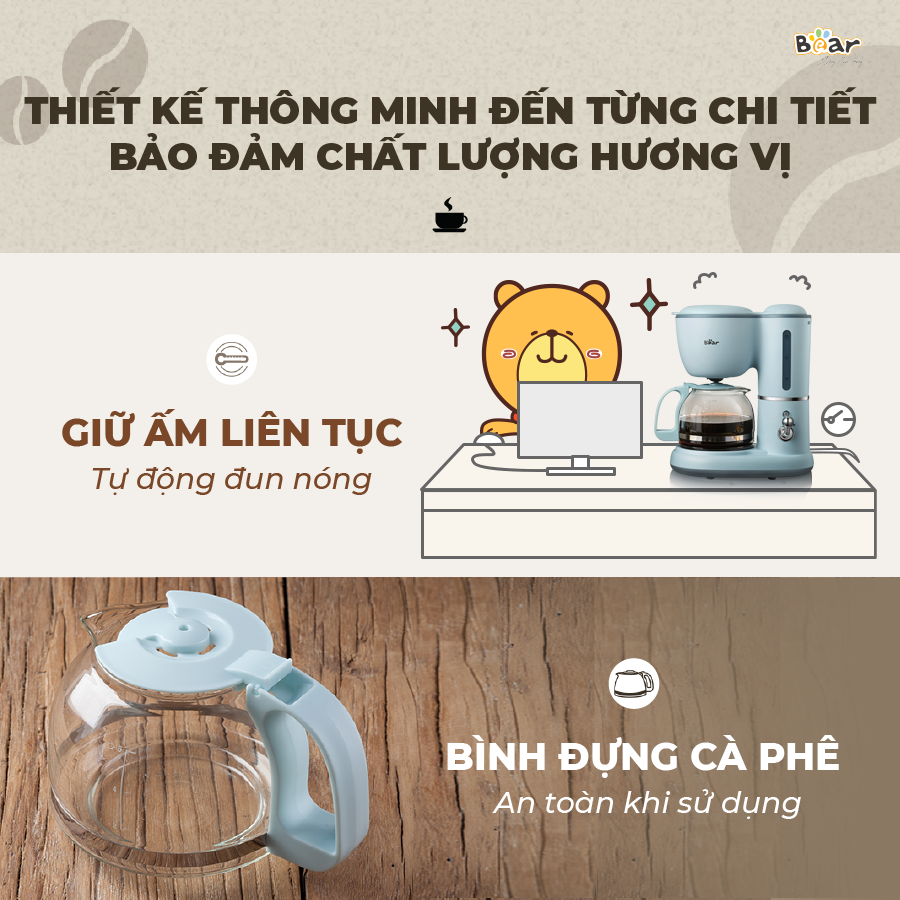 Máy Pha Cà Phê Mini Bear Nhỏ Gọn Tiện Dụng Pha Trà Pha Coffee Tự Động Giữ Ấm Loại Bỏ Cặn SB-CF06A HÀNG CHÍNH HÃNG