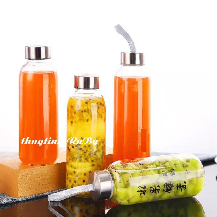 Bình nước thủy tinh có dây xách 300ml, chai thủy tinh đựng nước, bình detox có dây đeo