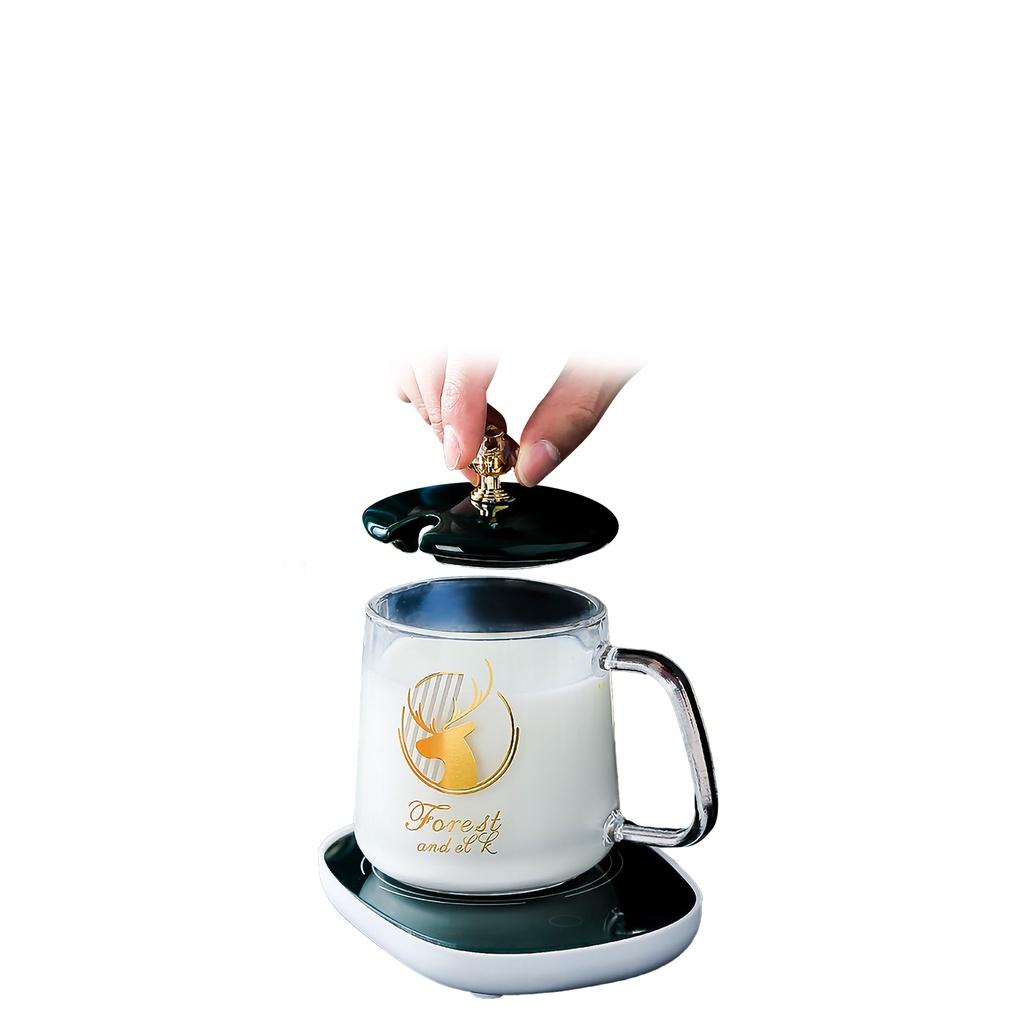 Cốc hâm nóng cao cấp bằng sứ kèm đế điện Ly thủy tinh nắp nhựa tặng kèm thìa mạ vàng sang trọng