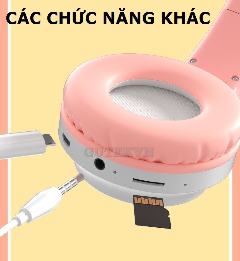Tai nghe chụp tai bluetooth không dây tai mèo đèn led 7 màu Gutek B30 có mic chống ồn tốt - Hàng Chính Hãng