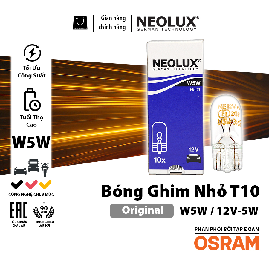 Combo 10 Bóng Đèn Chân Ghim T10 T15 T20 OSRAM NEOLUX Lắp Đèn Demi, Bóng Soi Biển Số Xe Ô Tô Xe Máy - Nhập Khẩu Chính Hãng