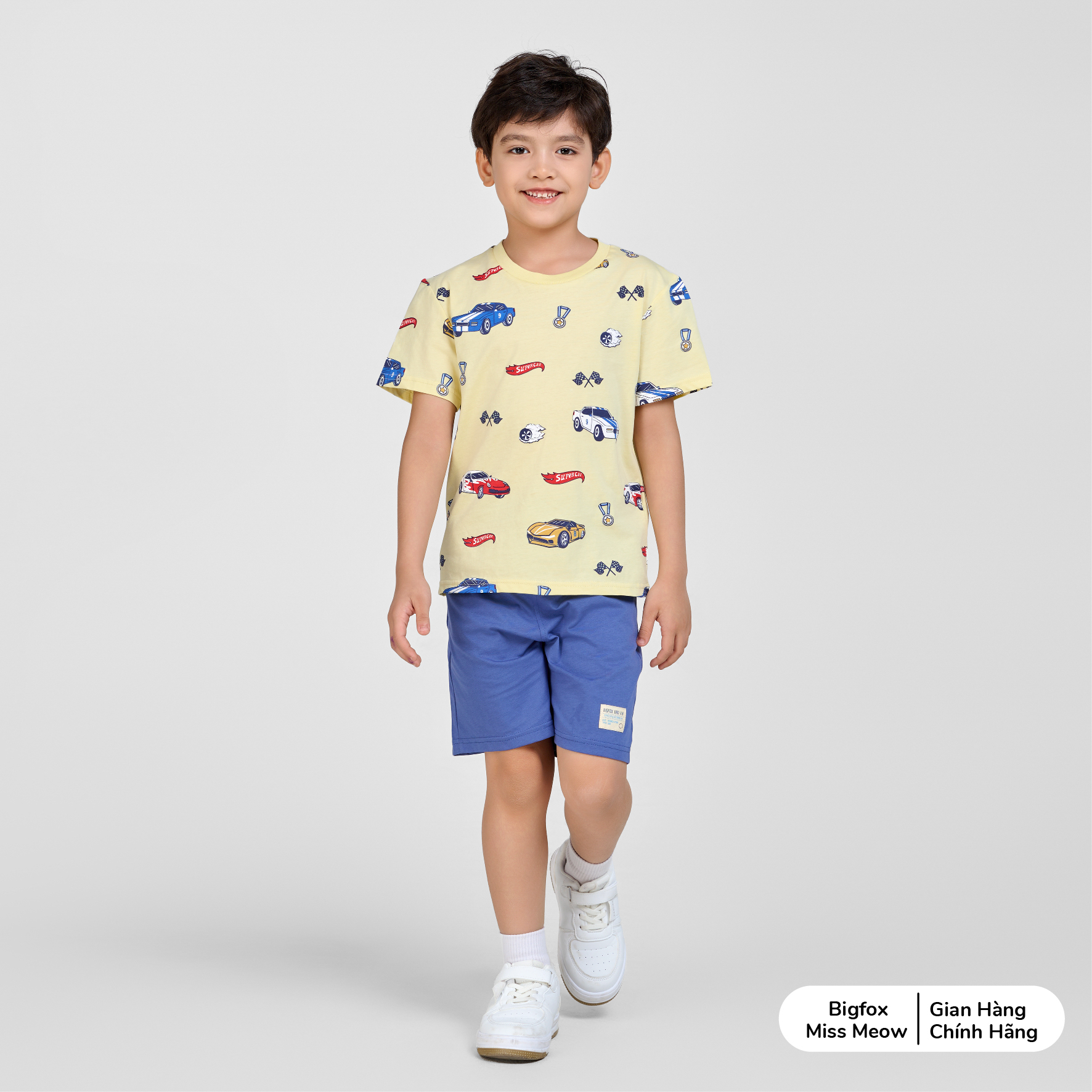 Bộ bé trai Bigfox Miss Meow cộc tay mùa hè, chất cotton size đại in ô tô 3,7,9,11 tuổi 30kg 40kg