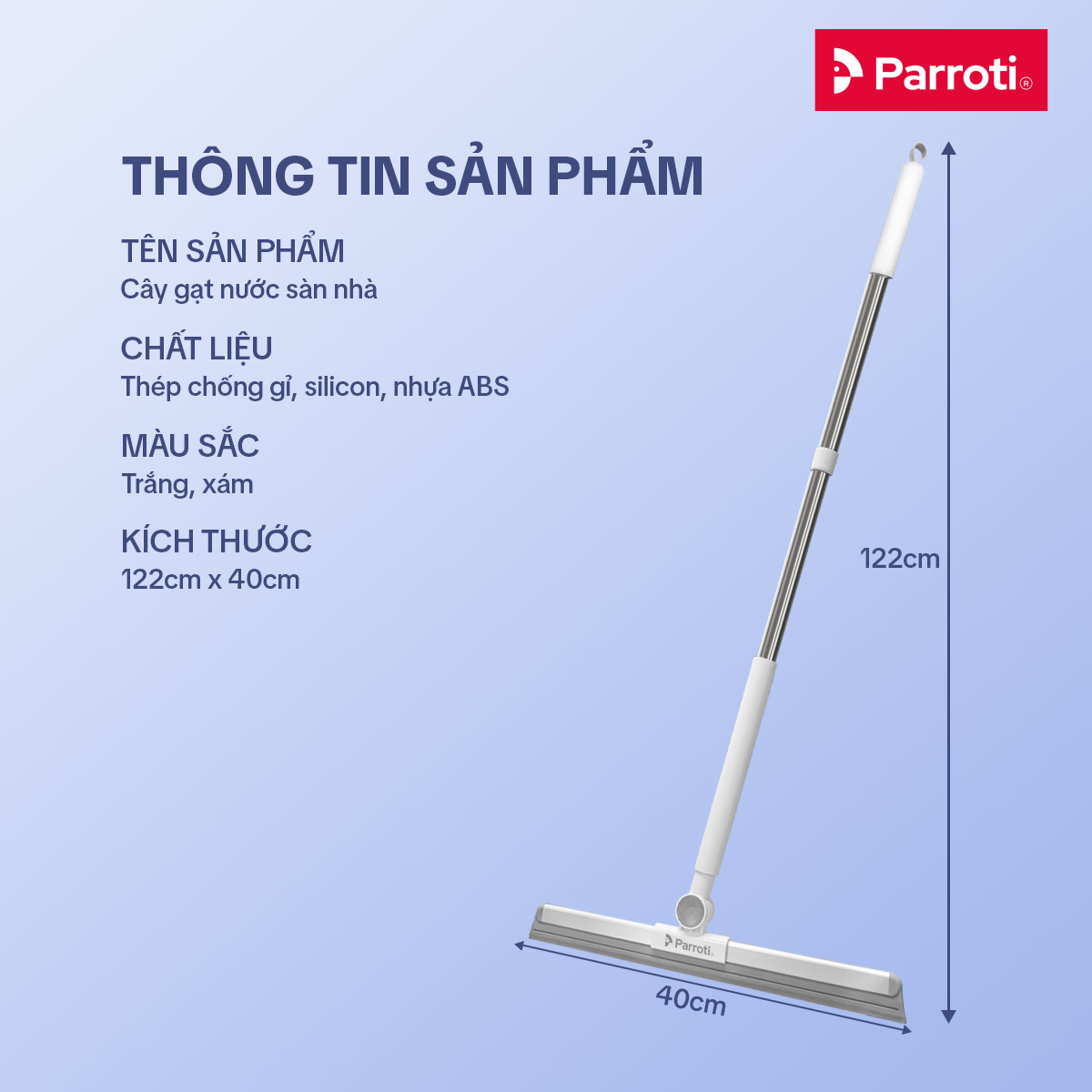 Cây Gạt Nước Sàn Nhà Tắm, Đầu Silicon Xoay 180 độ, Cán Inox, Tăng Giảm Chiều Dài Parroti Flat FT01