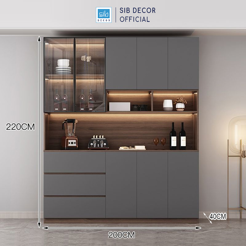 Tủ Gỗ Đa Năng Phối Cửa Cánh Kính Đèn LED Thương Hiệu SIB Decor TCK20