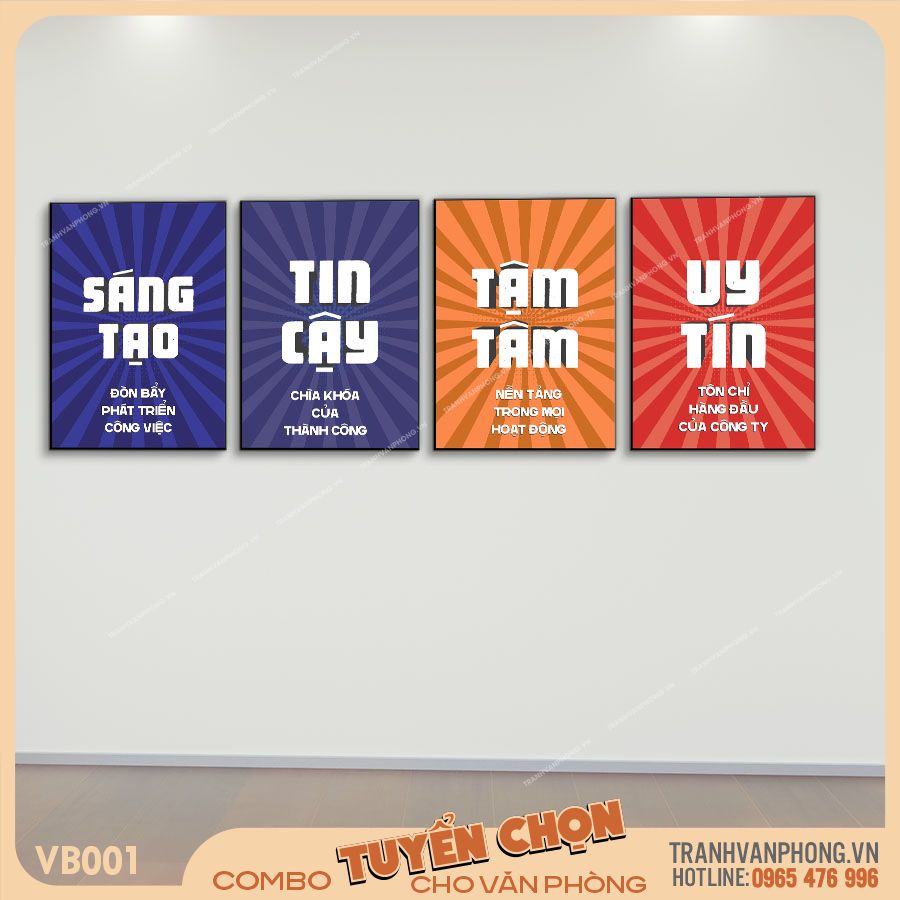 Bộ 4 tranh động lực trang trí văn phòng - Sáng Tạo, Tin Cậy - Tận Tâm - Uy Tín - VB001