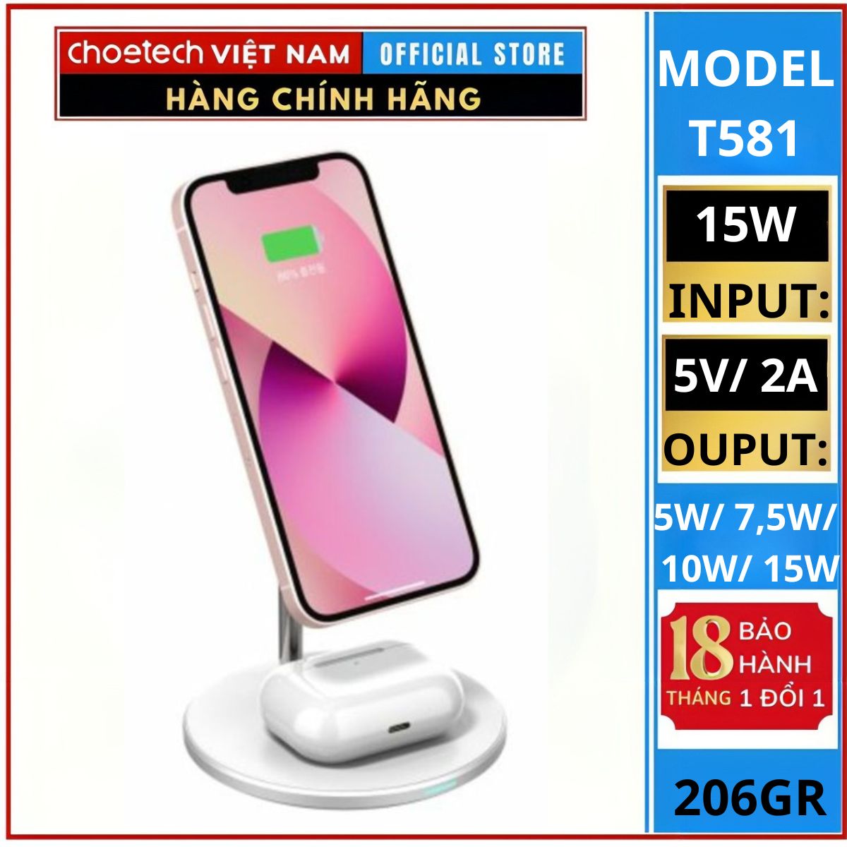 Đế sạc Choetech T581-F không dây Mag-safe 2in 1 (Hàng chính hãng)