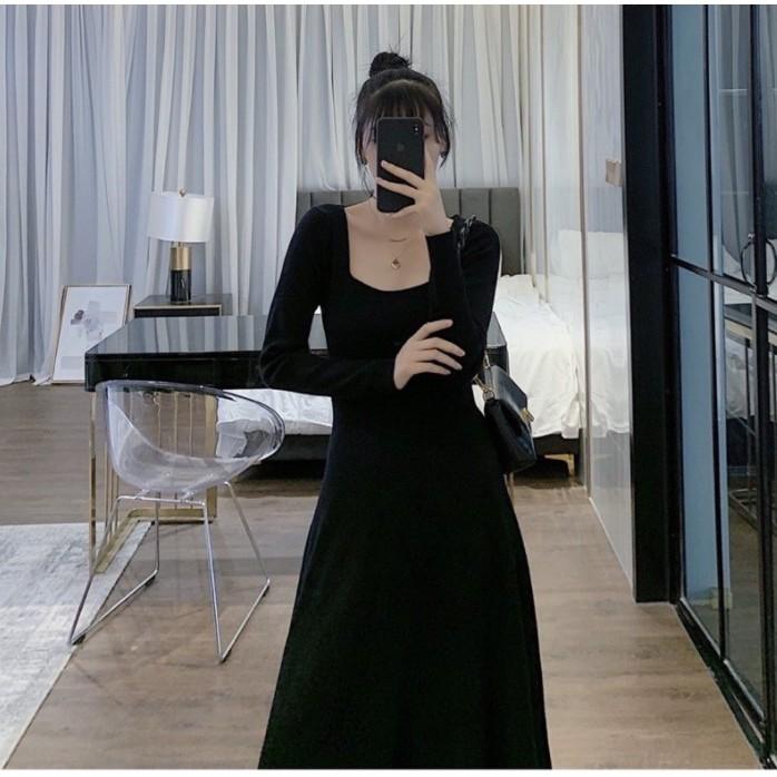 Váy dáng xòe cổ vuông dài tay &lt;3 Đầm xòe cổ u tôn dáng