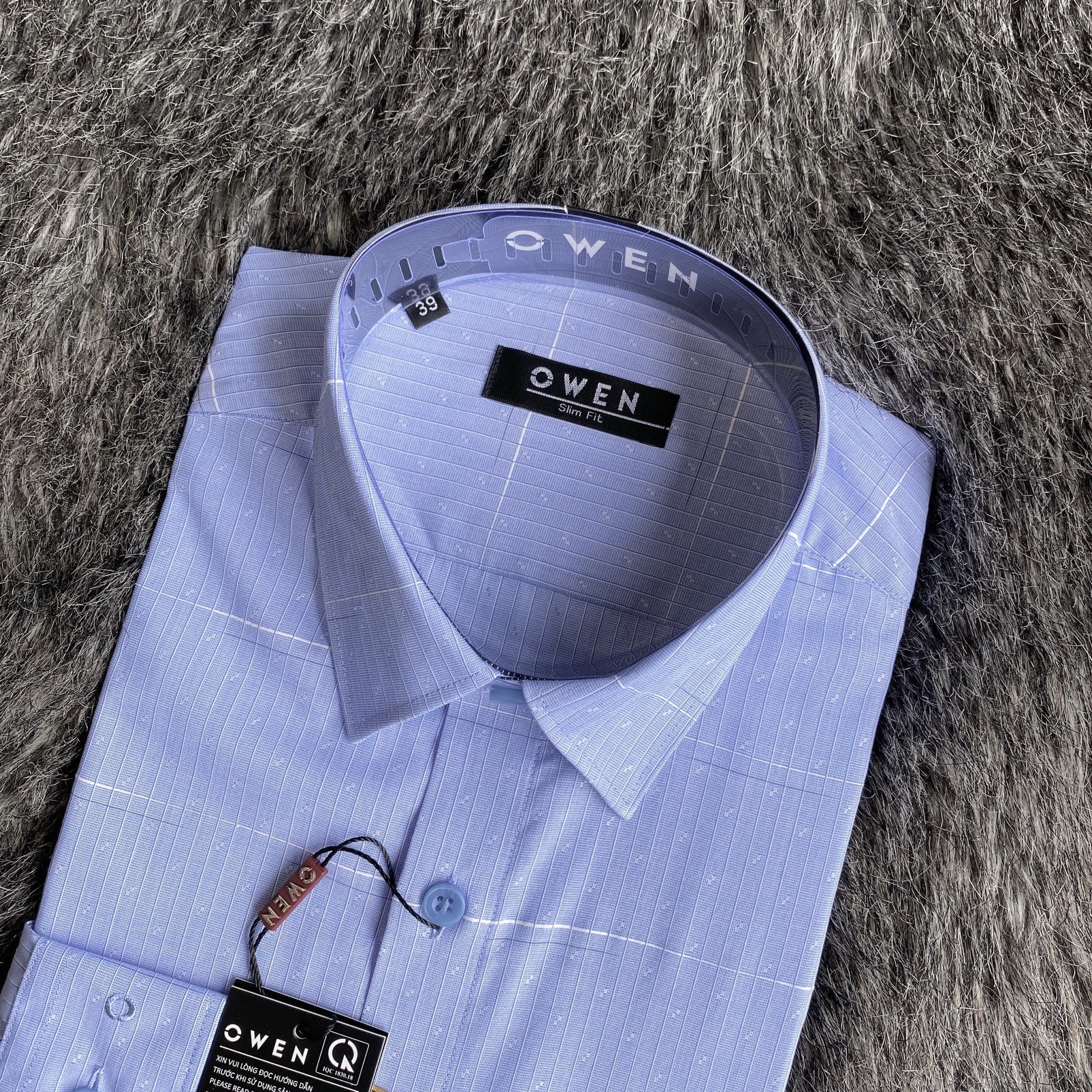 OWEN - Aó sơ mi dài tay Owen Slimfit chất sợi tre màu xanh nhạt in họa tiết 220842