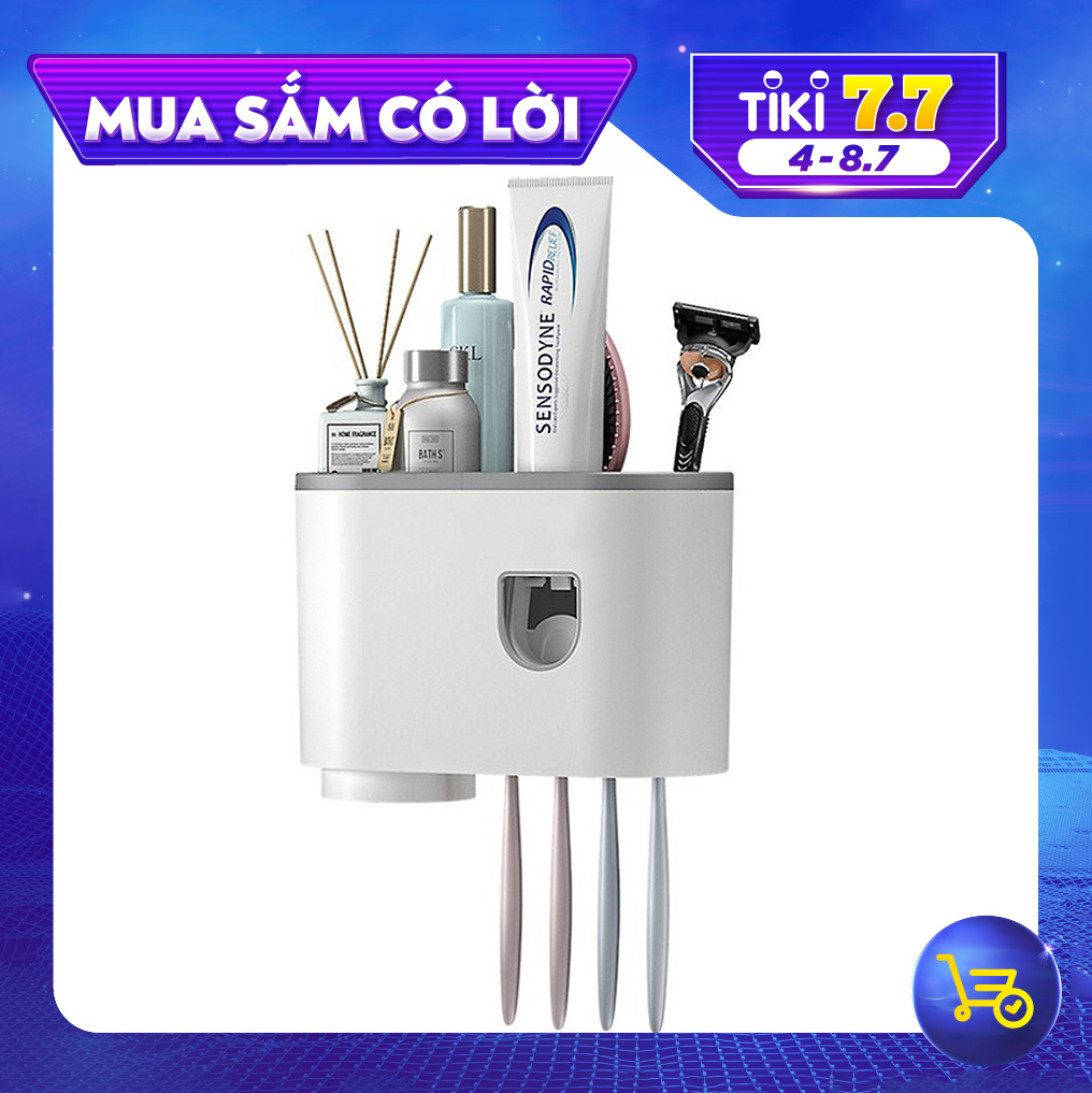 Bộ Nhả Kem Đánh Răng Tự Động, Kệ Để Cốc và Bàn Chải Phòng Tắm Dán Tường Cao Cấp