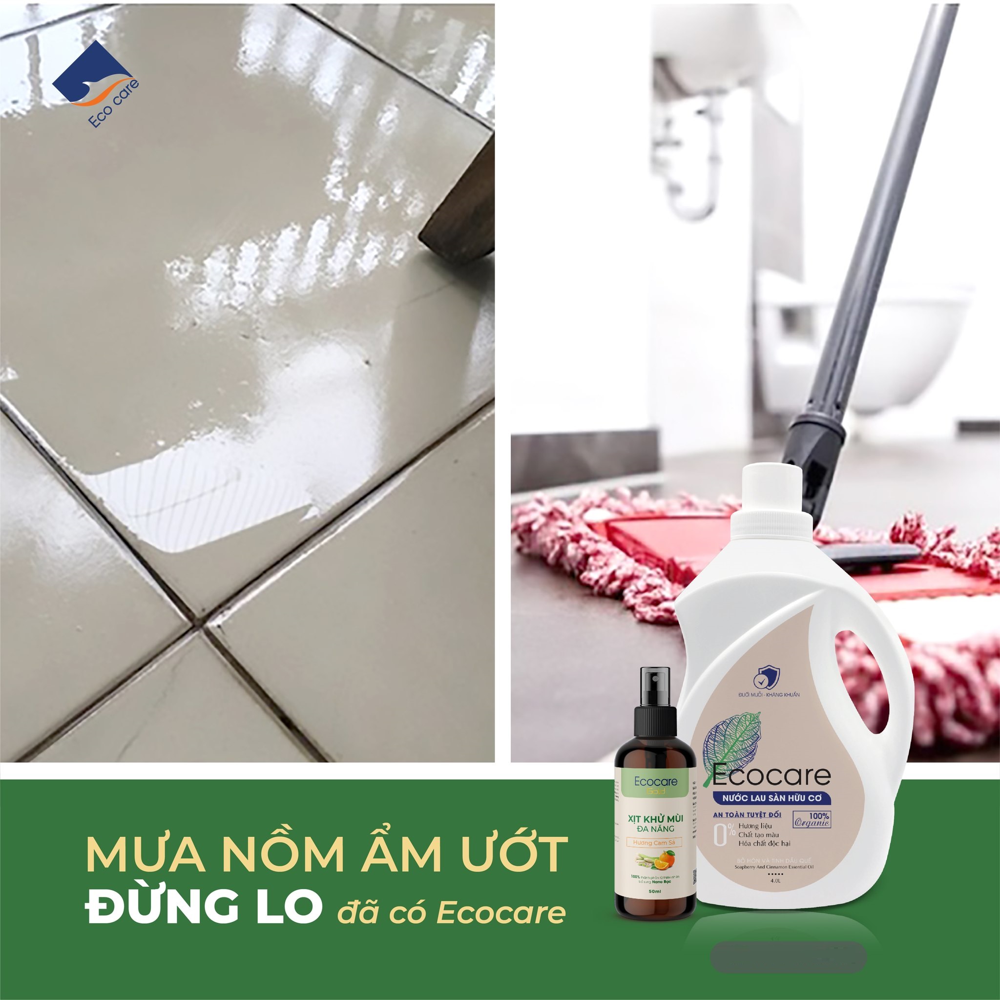 [Premium] Nước lau sàn hữu cơ cao cấp Bồ hòn và Tinh dầu thiên nhiên Ecocare - Diệt khuẩn, Đuổi muỗi, Chống trơn trượt - Cam sả - 4000ml