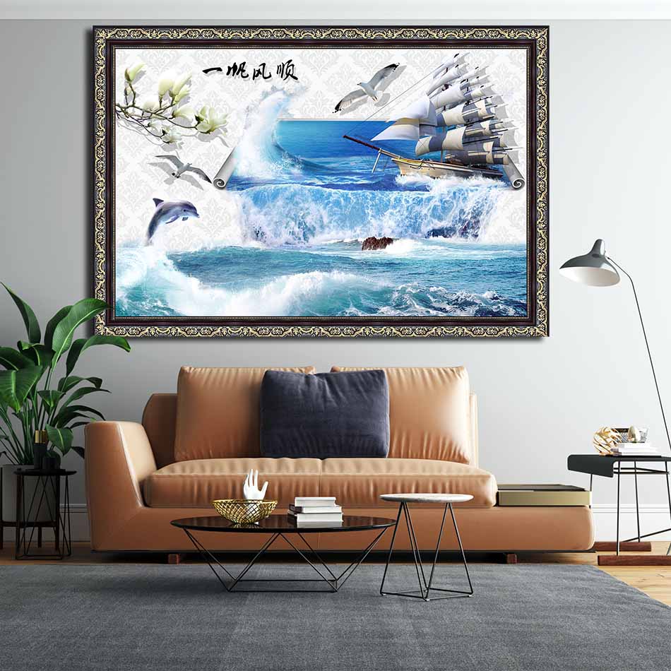 Tranh canvas phong thủy treo tường - Thuận buồm xuôi gió - TBXG004 - Khung hoa văn sang trọng - 120x80cm