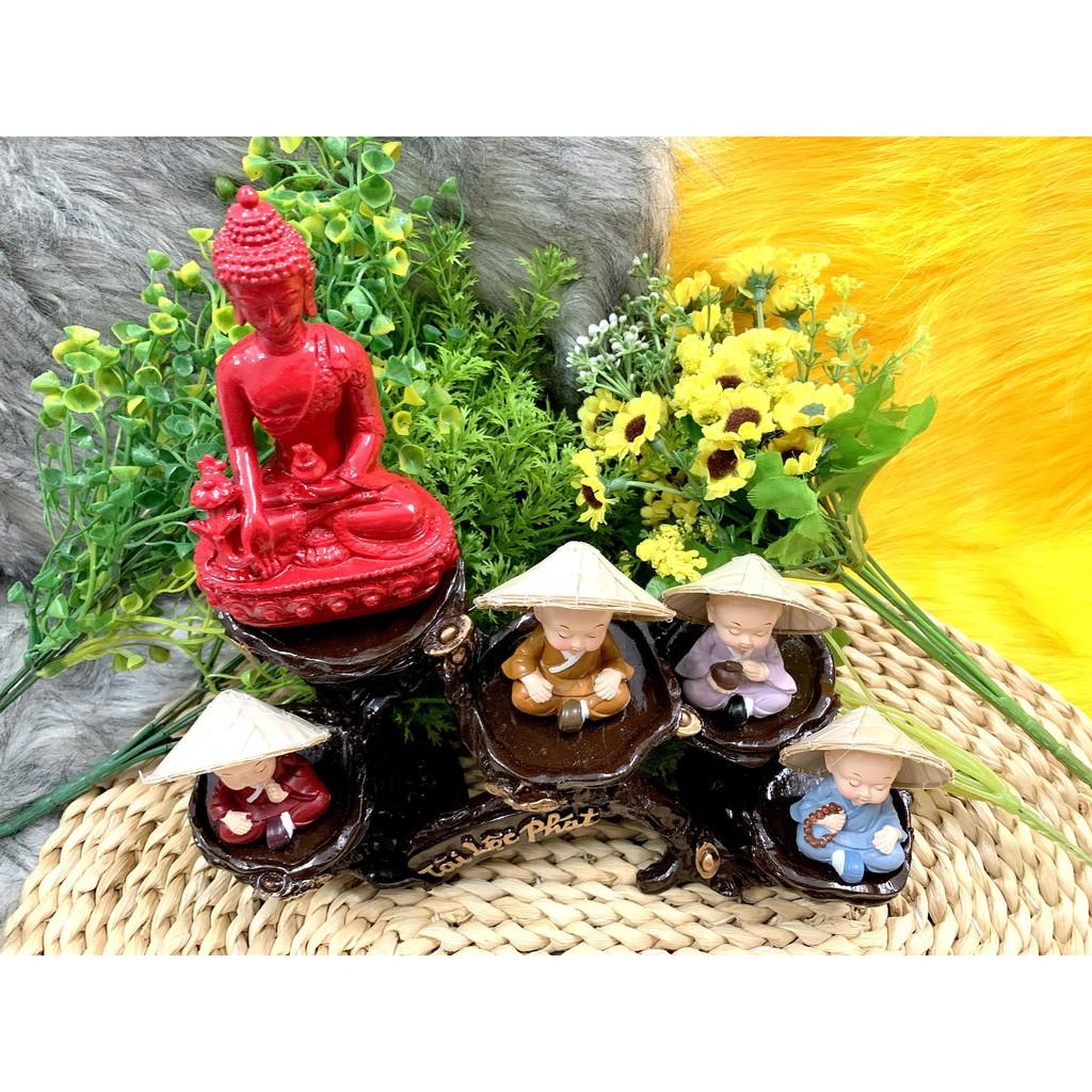 Tượng Phật Thích Ca và các chú tiểu tịnh tâm nón lá tọa đế Tài Lộc Phát