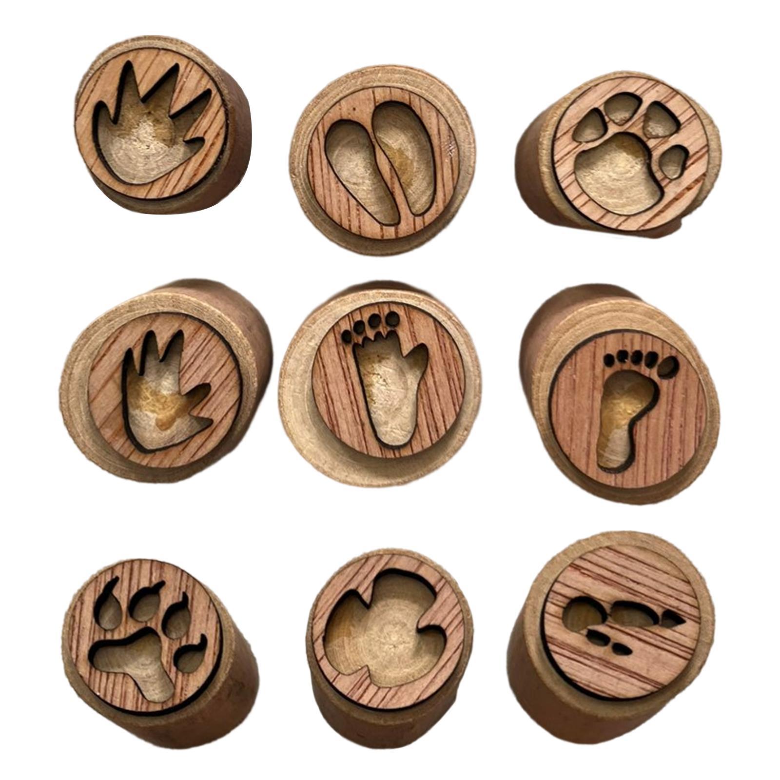 9Pcs Wooden Stamp Set Animals Foot Print Stamp Handmade Painting Animals Paw Stamp Animal Track Stamps for Clay, Planner, Teachers, Card Making