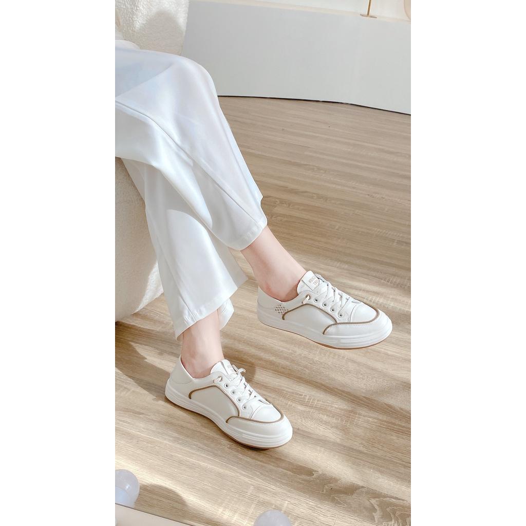 Giày slip on màu trắng be viền nâu siêu xinh dễ mang ko cần xỏ siêu tiện lợi, êm mềm phối mọi đồ