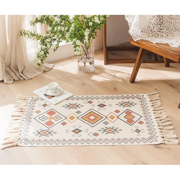 Thảm Canvas Tua Rua Bắc Âu Thổ Cẩm Hình Học Cam Nâu 60x90cm PA9970