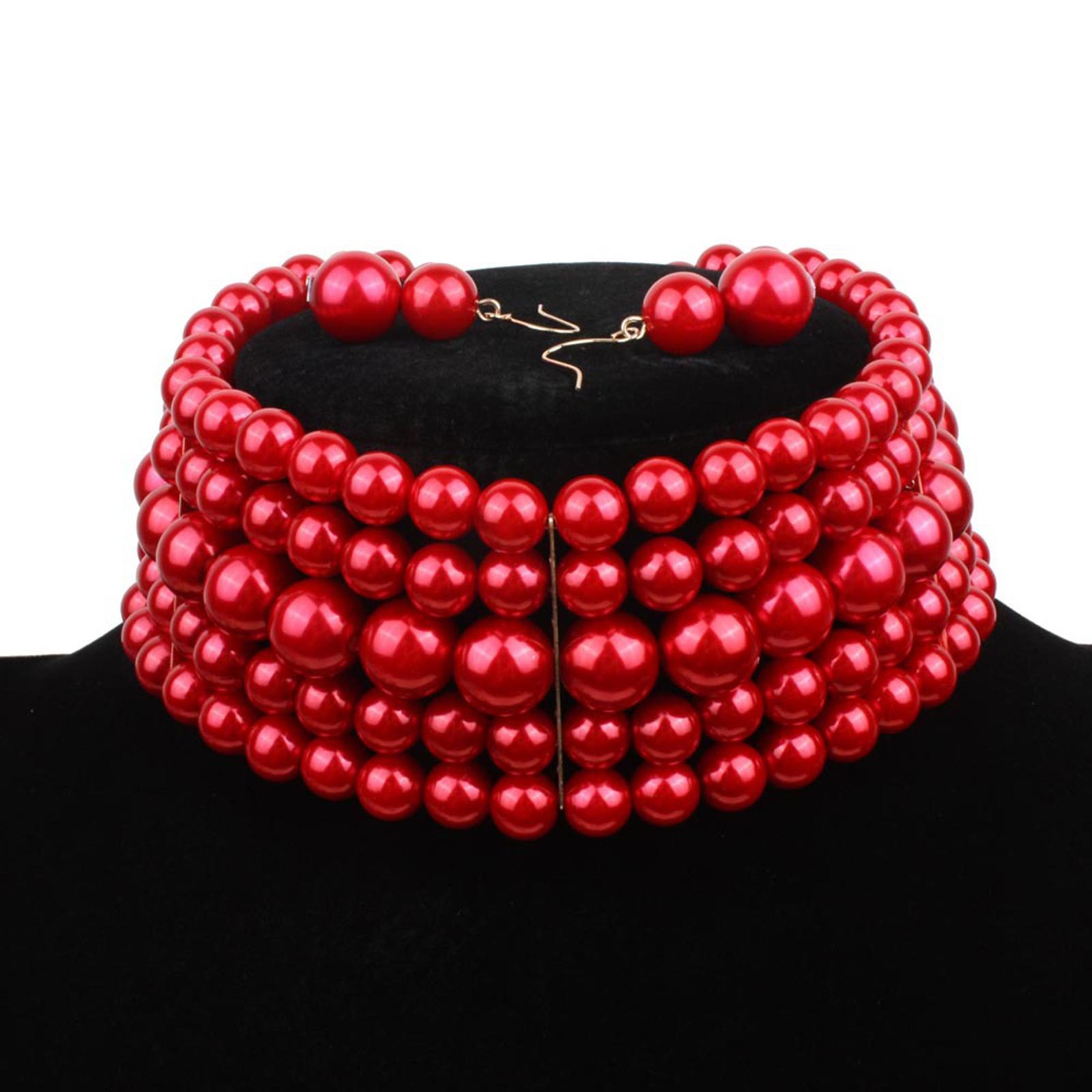 Fashion Pearl Choker Necklace and Earrings Set Round Imitation Pearl Multi Strands Costume Jewelry Set for Prom Bridal Gift Themed Party