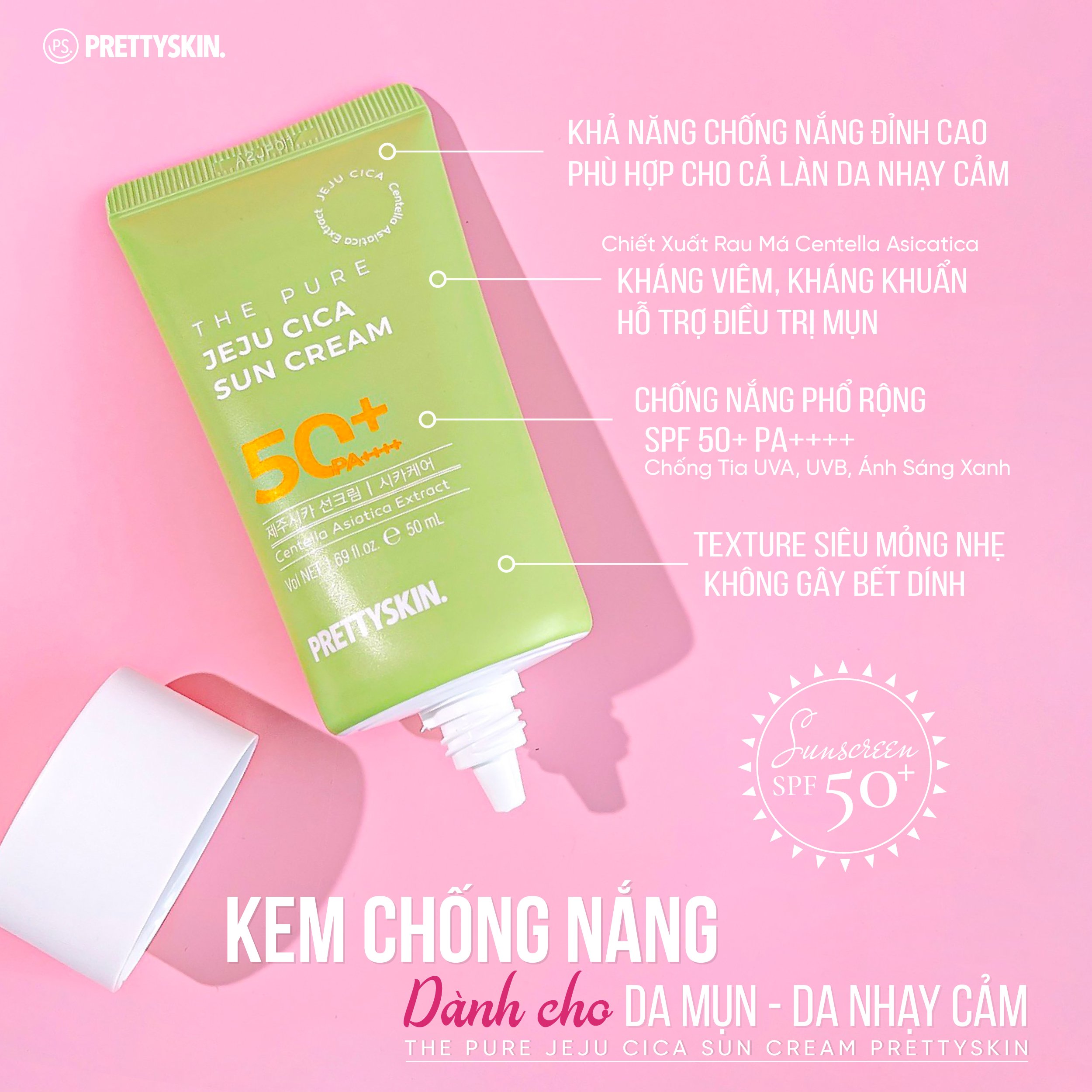 Kem Chống Nắng Rau Má Không Lo Bết Dính Jeju Cica Pretty Skin SPF50+ PA++++ 50ml Cho Da Dầu, Nhạy Cảm tặng móc khóa