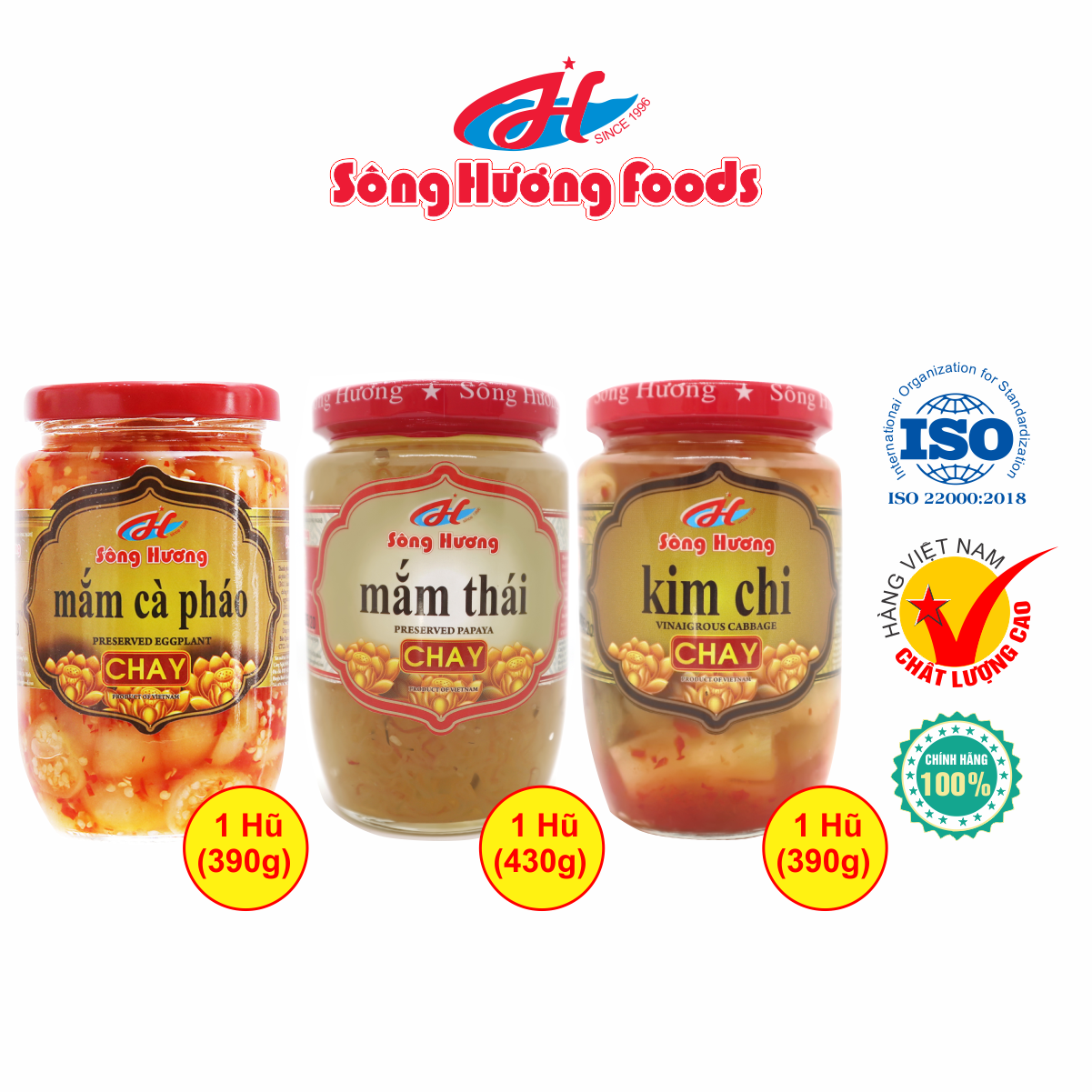 Combo 1 Hũ Mắm Cà Pháo Chay 390g + 1 Hũ Mắm Thái Chay 430g + Hũ Kim Chi Chay 390g Sông Hương Foods