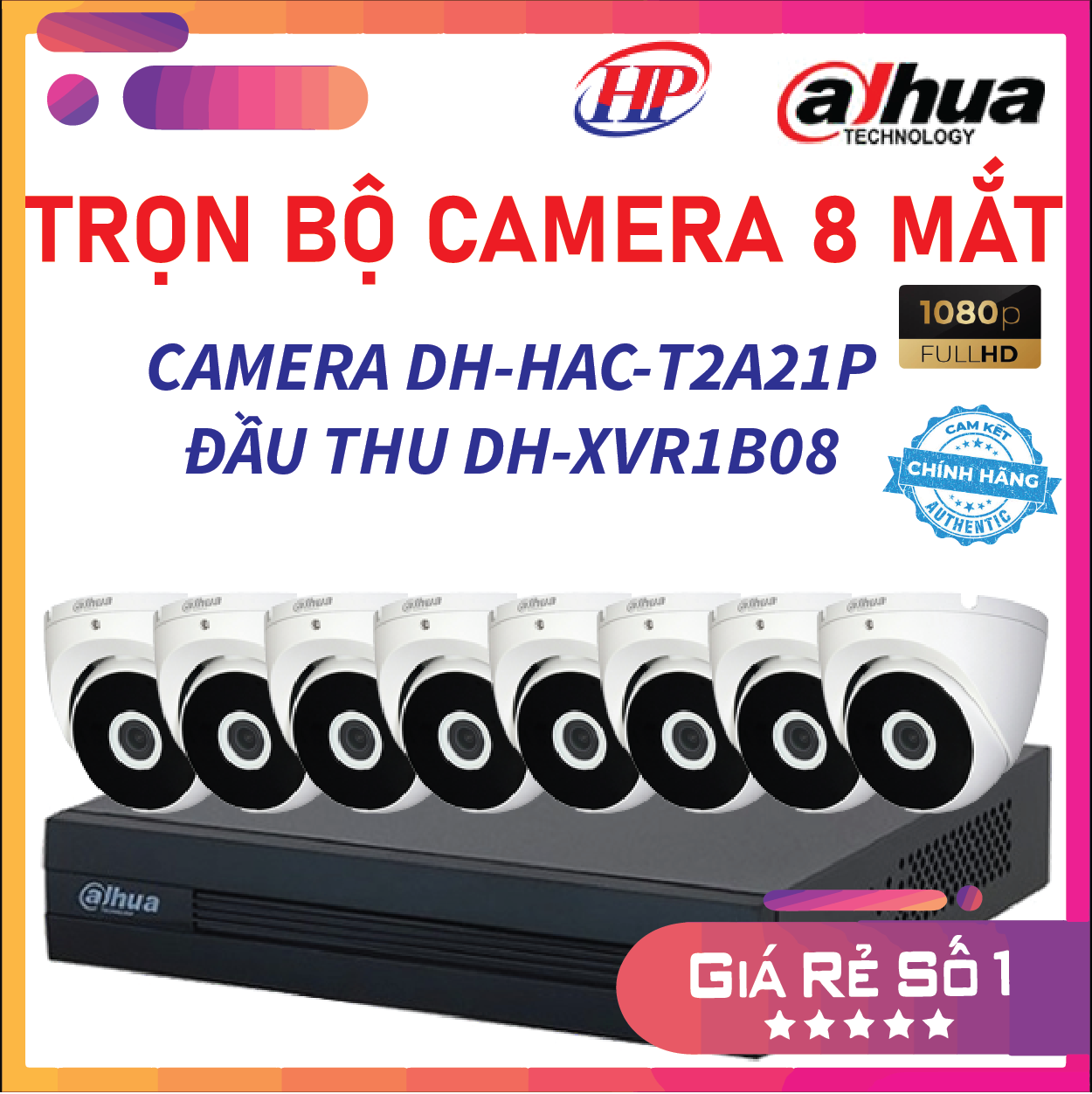 Bộ camera giám sát DH-HAC-T2A21P vỏ kim loại, bán cầu hồng ngoại (05/06/07/08 Mắt 2.0 MP)đầy đủ phụ kiện, Hàng chính hãng