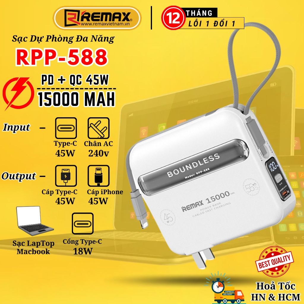 Củ sạc kiêm sạc dự phòng đa năng 15000mah Remax RPP-588 Tích hợp cáp sạc 45W sạc cả máy tính bảng và laptop - Hàng Chính Hãng Remax