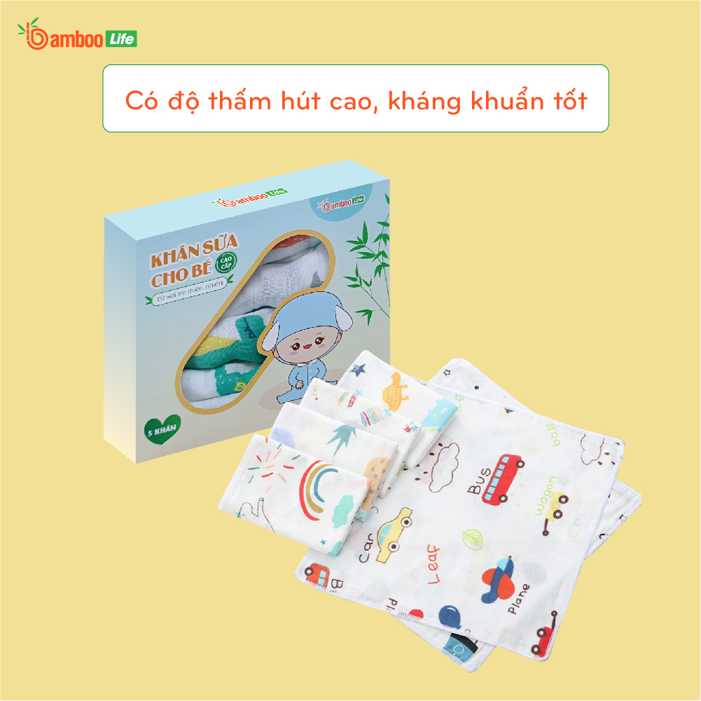 Set 5 khăn sữa sợi tre Bamboo Life cho bé kích thước 30x30 cm mềm mịn thấm hút kháng khuẩn an toàn cho bé sơ sinh