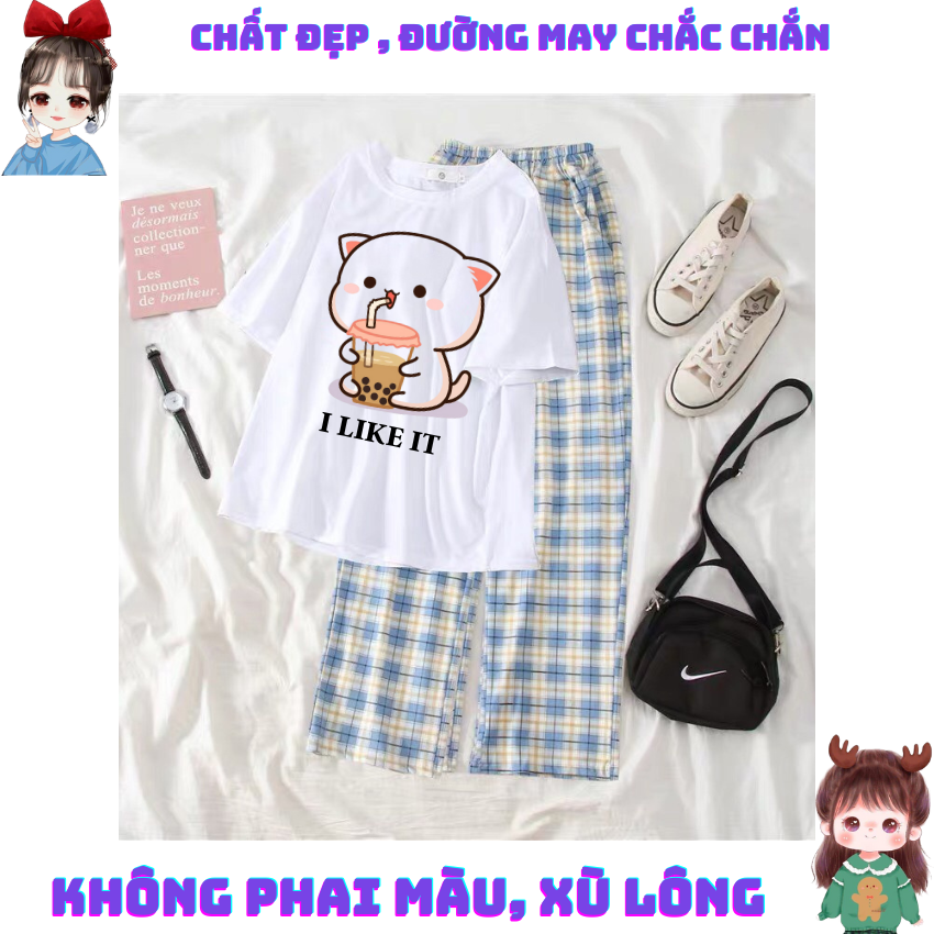 Sét Bộ Nữ SS14, Sét Đồ Nữ Đi Chơi Đẹp In Hình Mèo Uống Nước Dễ Thương
