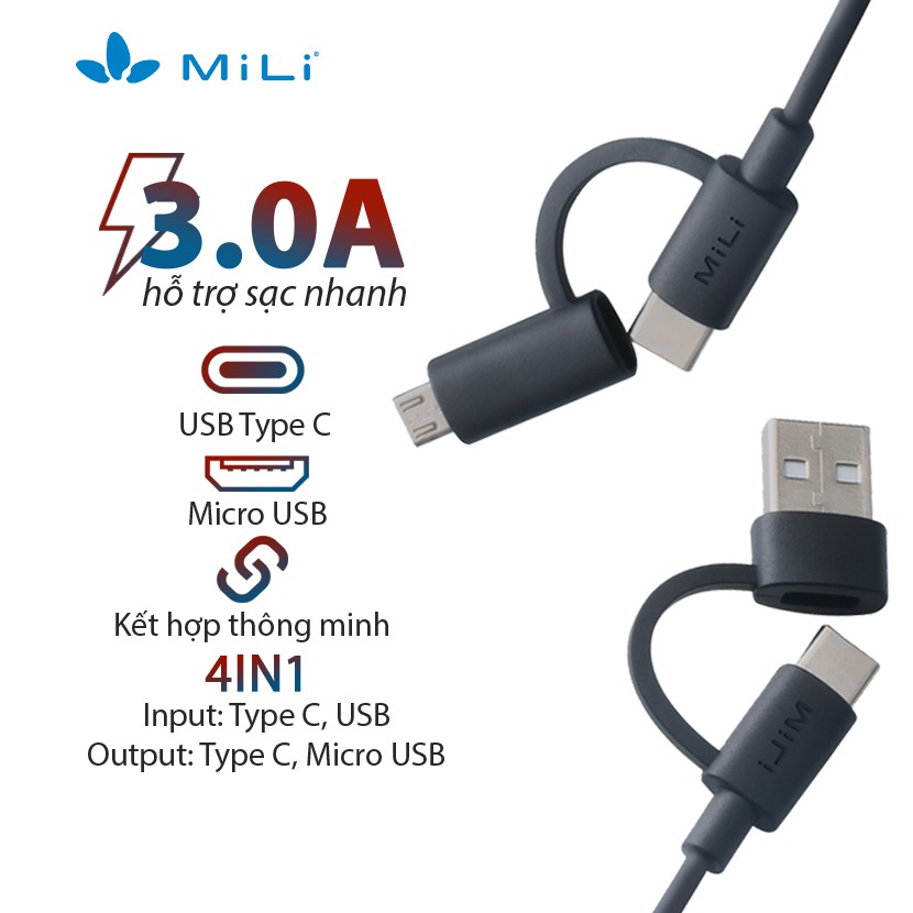 Dây Cáp Sạc 4 Trong 1 Input USB Type-C/USB-A và Output USB Type-C/Micro USB MiLi 1m - HX-L41 - Hàng Chính Hãng