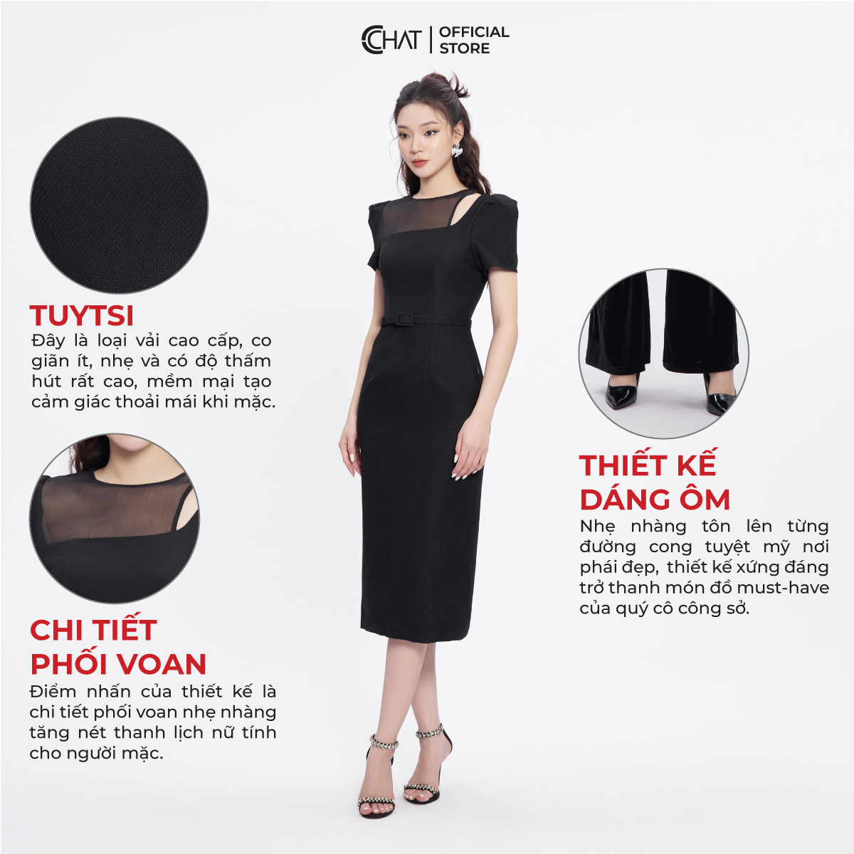 Đầm Nữ Dáng Ôm Suông Kiểu Cutout Vai Chất Tafta Cao Cấp Mềm Mịn 53VNS8001OT