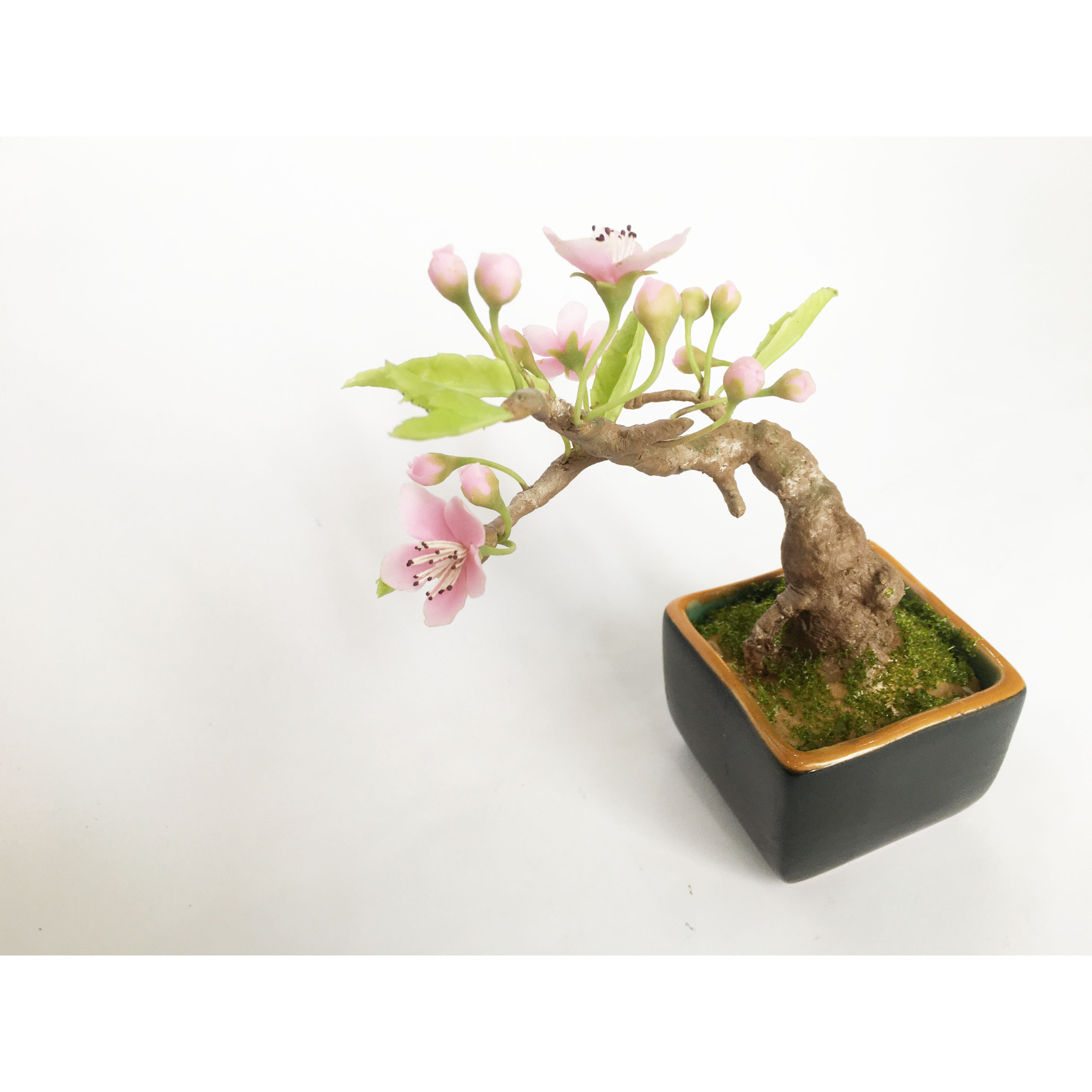 Chậu hoa đất sét mini- Bonsai hoa đào sakura - Quà tặng trang trí handmade (18x10x10cm)