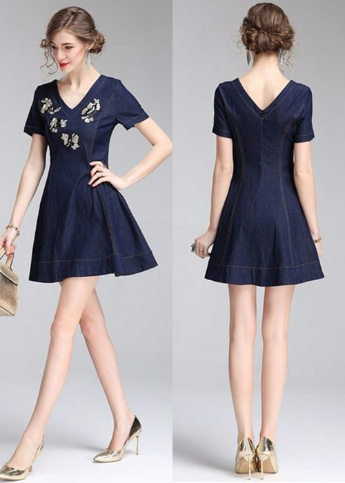 Đầm Jean Nữ Ngắn Tay Hoa Thêu