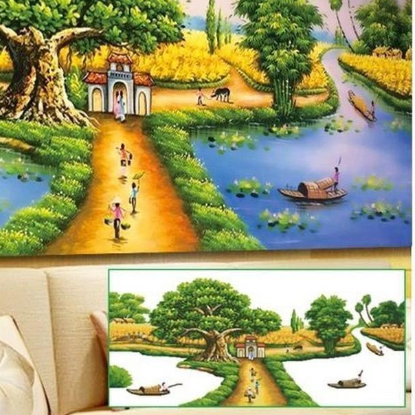 Tranh đính đá phong cảnh cây đa đầu làng quê Việt Nam Y8041 chưa đính