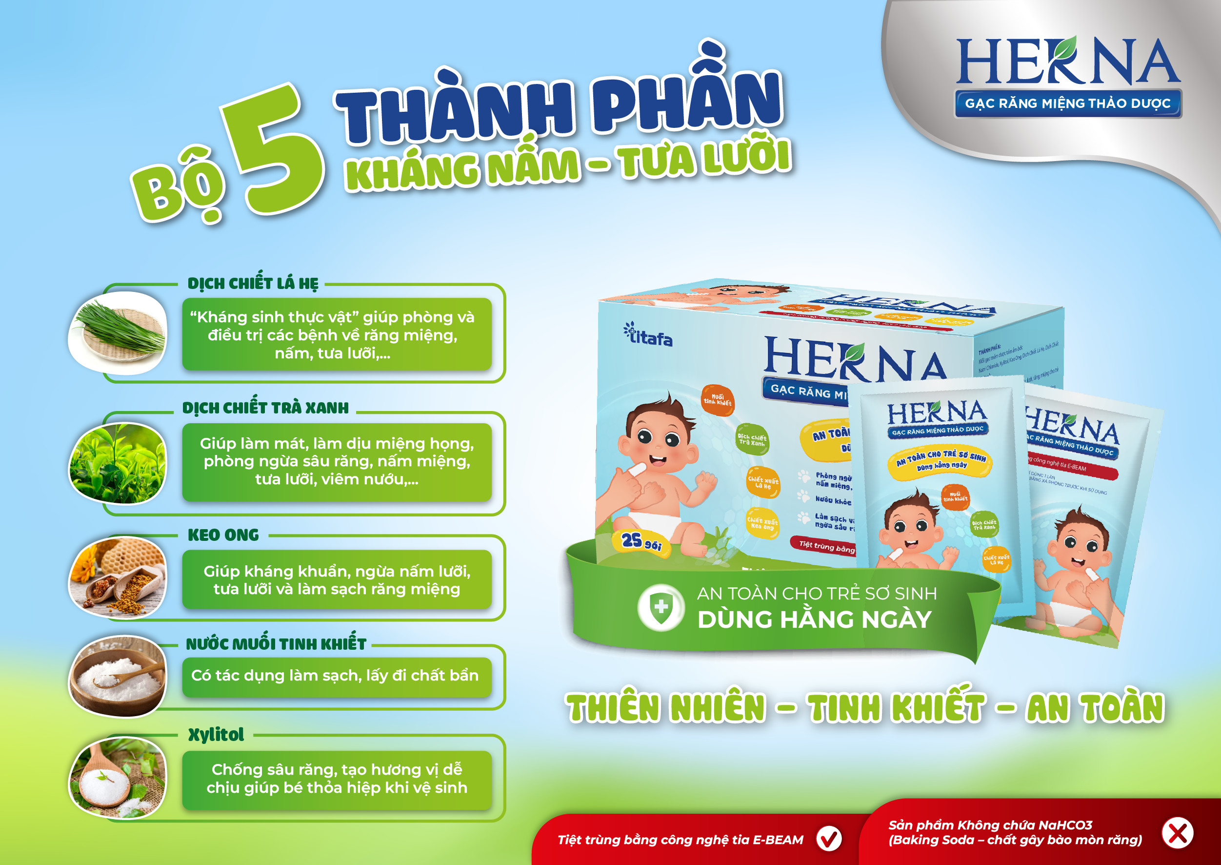 Gạc răng miệng thảo dược Herna (25 gói) - An toàn cho trẻ sơ sinh dùng hằng ngày phòng ngừa vấn đề răng miệng cho bé