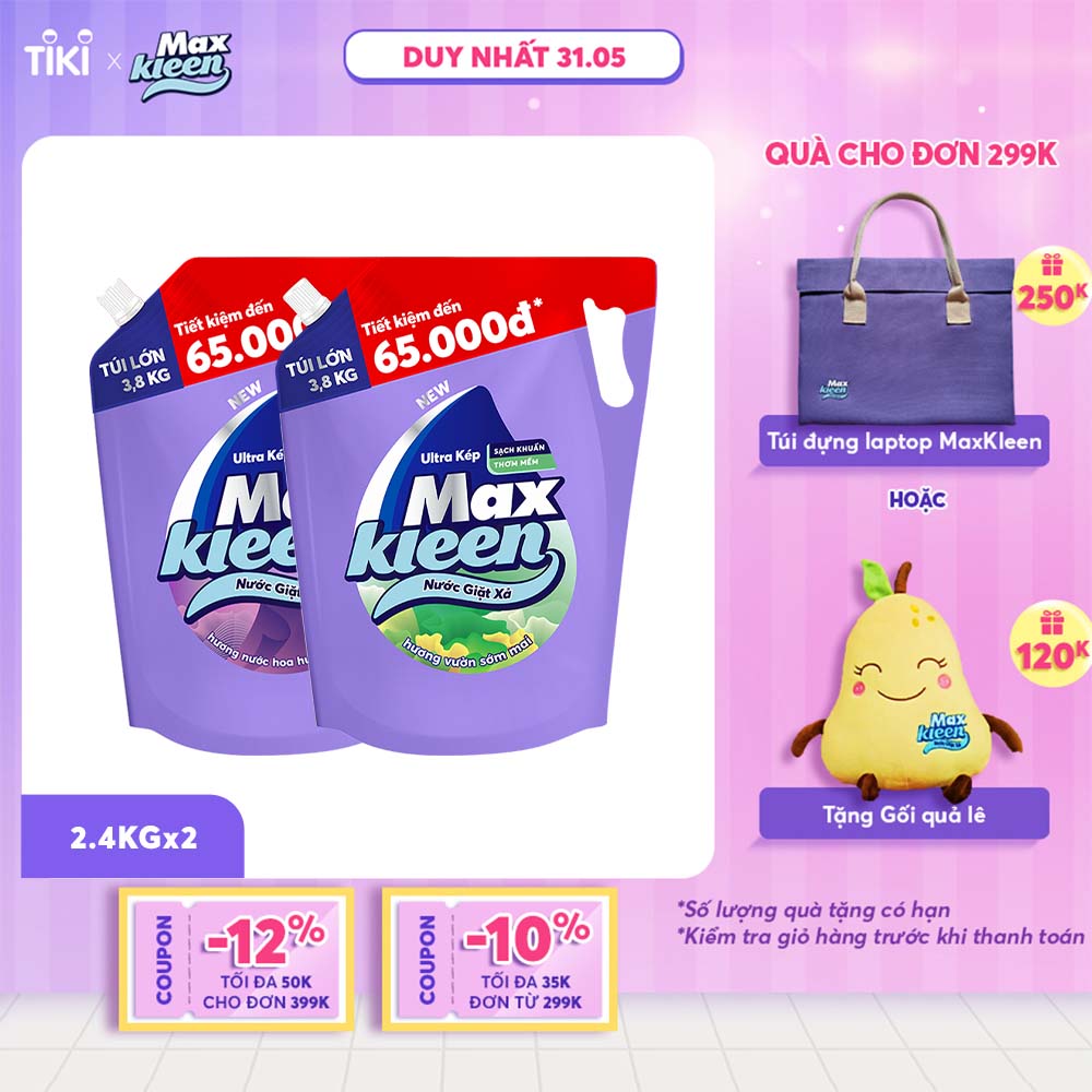 Combo Túi Nước Giặt Xả MaxKleen 3.8kg Vườn Sớm mai + Túi Nước Giặt Xả MaxKleen 3.8kg Huyền Diệu/Hoa Nắng