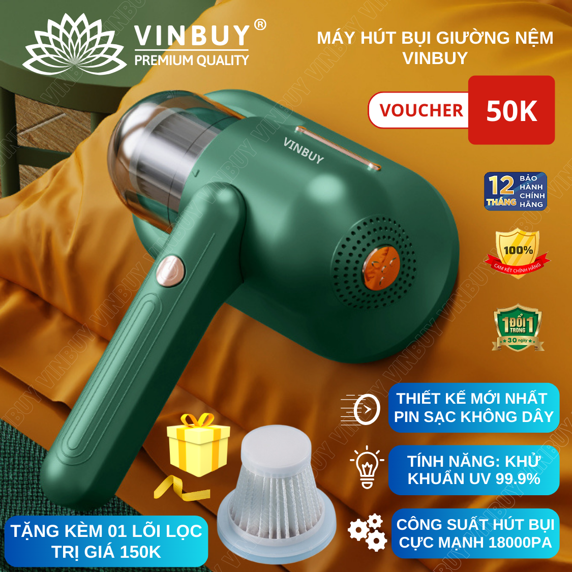 Máy hút bụi giường nệm không dây VinBuy cầm tay hiện đại diệt khuẩn đa tầng, đèn UV, lực hút mạnh 18000PA - Hàng chính hãng