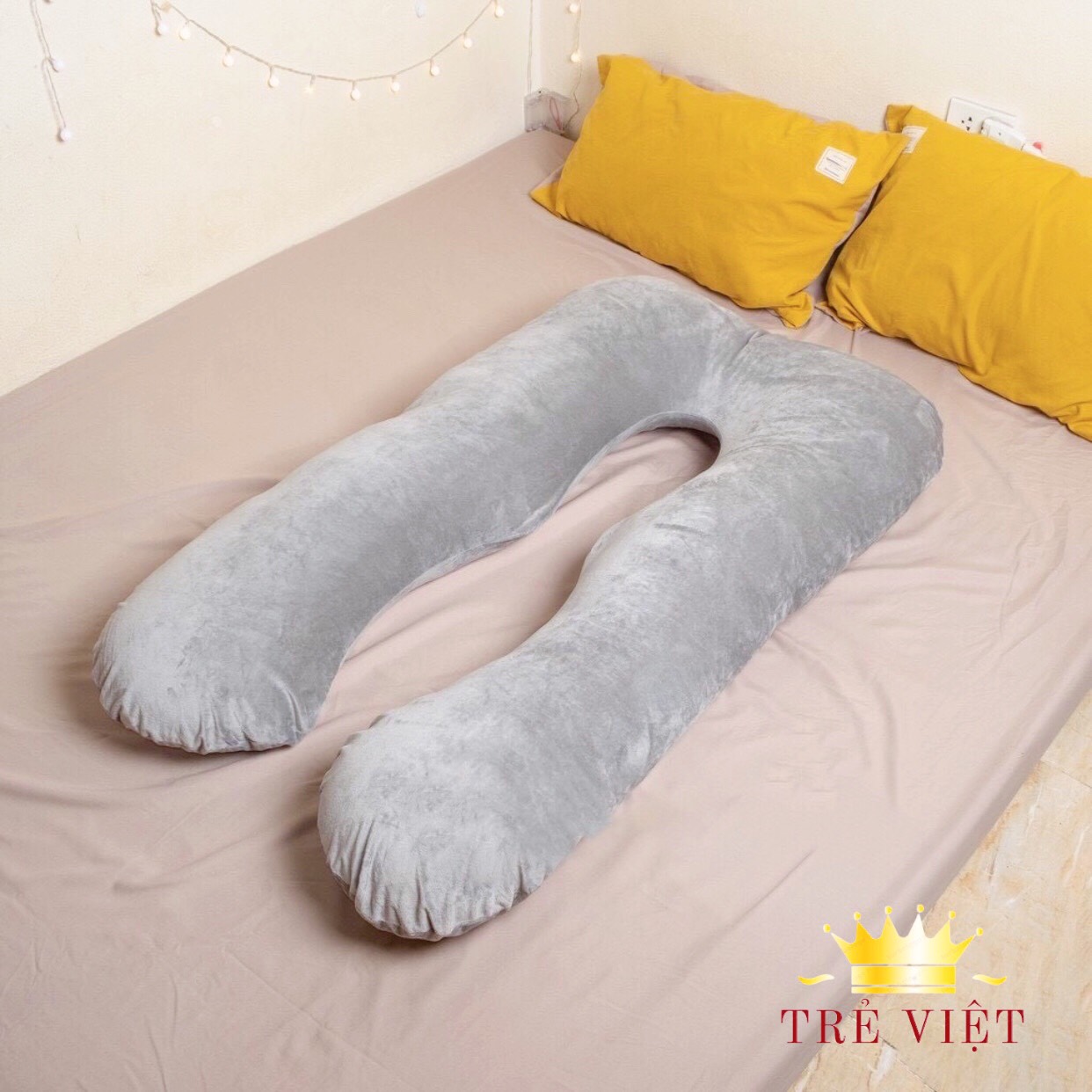 Gối ôm dành cho bà bầu, gối chữ U màu Ghi, vải nhung mềm mại, lõi bông sợi 3D cao cấp, giúp mẹ bầu có tư thế nằm ngủ dễ chịu thoải mái nhất