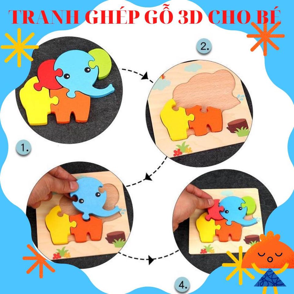 Tranh gỗ xếp hình 3D loại dày, gỗ nổi cho bé thỏa sức học hỏi