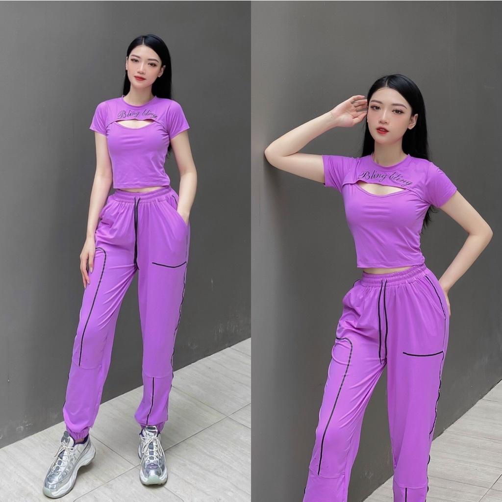 Set bộ thể thao nữ tập gym, yoga, aerobic, dance, chạy bộ gồm quần jogger dáng rộng và croptop cá tính