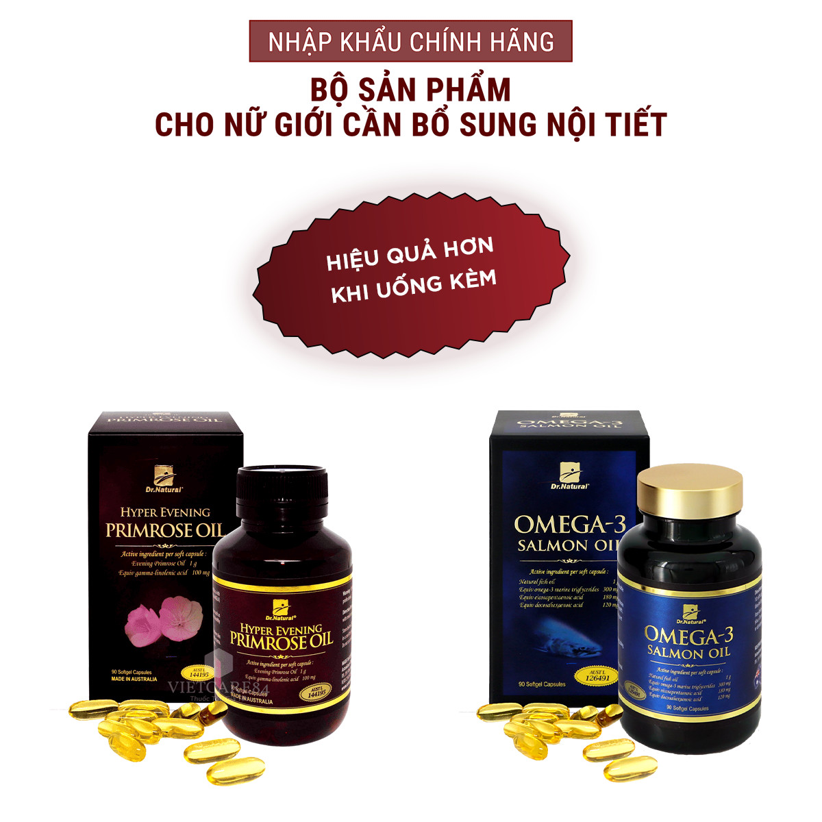 Bộ sản phẩm nhập khẩu chính hãng giúp bổ sung cân bằng nội tiết tố nữ gồm: viên uống bổ sung nội tiết tố nữ HYPER EVENING PRIMROSE OIL  và viên omega 3 dầu cá hồi OMEGA 3 SALMON OIL
