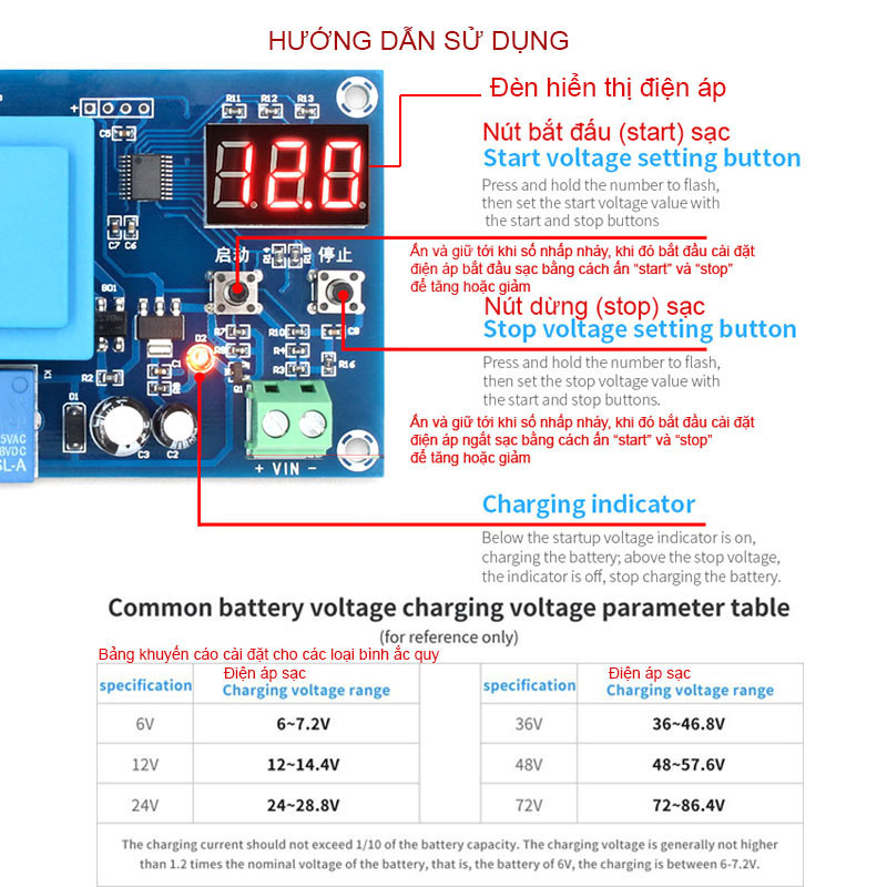 Module mạch kiểm soát và điều khiển tự động sạc bình ắc quy M602-6-96V có màn hình kỹ thuật số