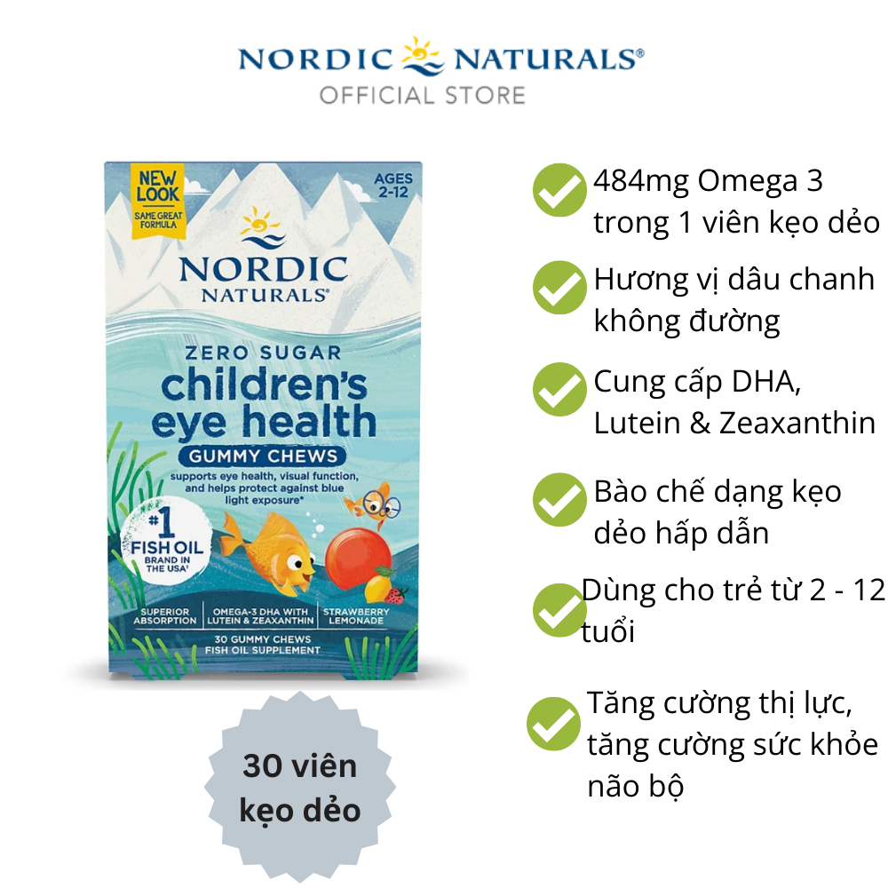 Nordic Naturals Children's Eye Health Gummies - Kẹo dẻo Omega3, DHA tăng cường thị lực cho trẻ em, vị trái cây tự nhiên, hộp 30 viên - Hàng Chính Hãng